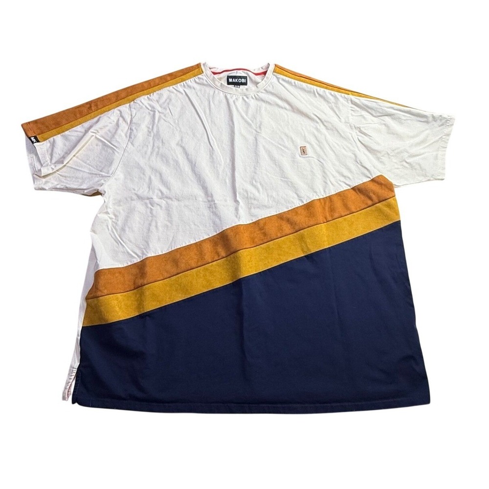 Makobi Mens 5XB Colorblock T-Shirt White Navy Yellow Diagonal Stripe Tee-2390